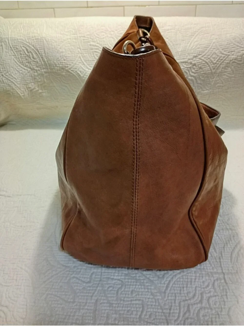 Banana Republic Brown Leather Chain Strap Tote Handbag Silver  Stylish Functiona